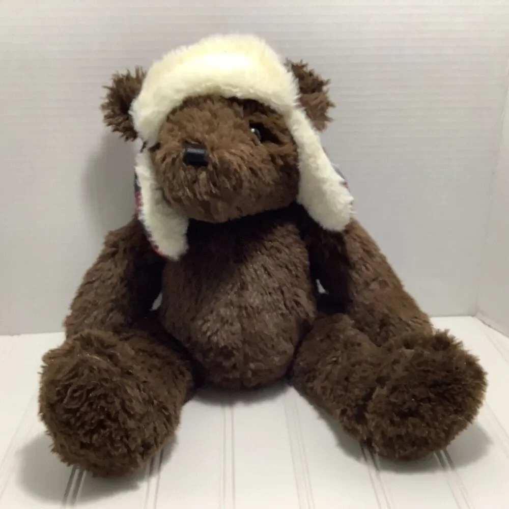 J Bear Jo-Ann Fabric 12” Plush Stuffed Brown bear red Plaid Hat sitting 2017